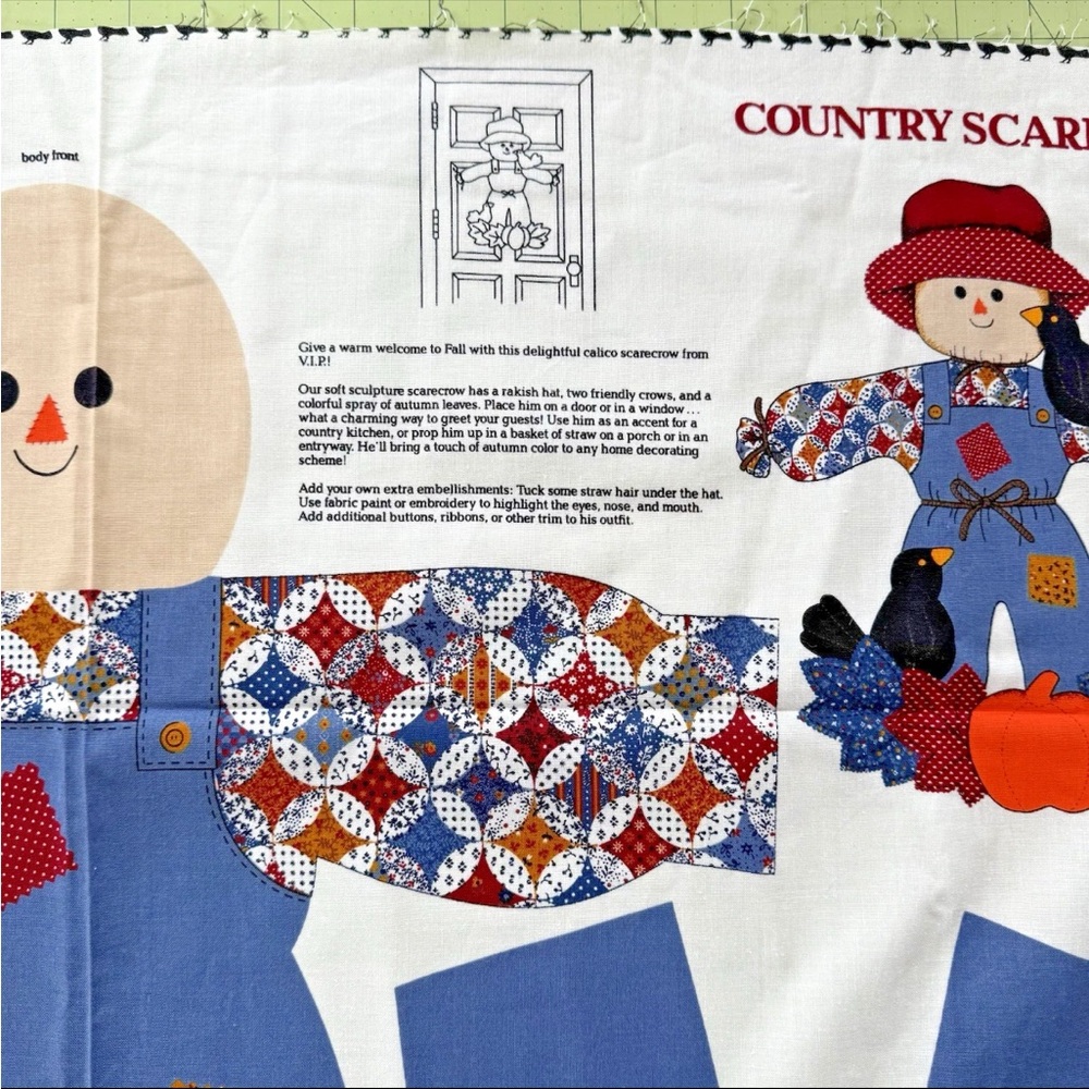 Vintage Cranston Cut & Sew Scarecow Autumn Fall Crow Door Decor Fabric Panel - Picture 7 of 8